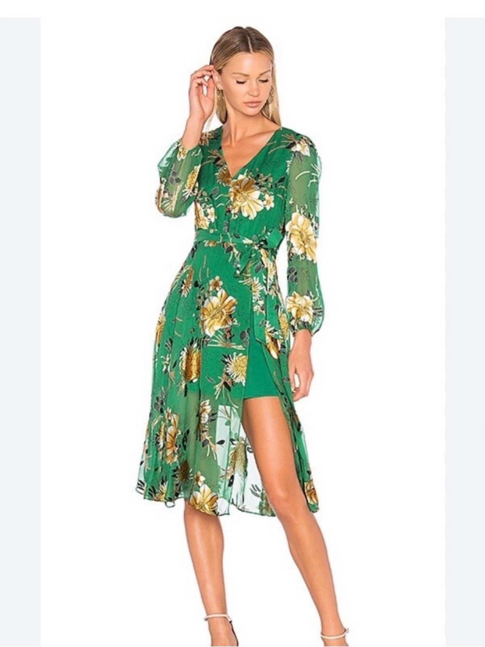 Alice + Olivia Green Floral Midi Dress - Elegant V-Neck Women’s Dress